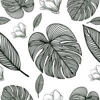 Botanical seamless pattern, hand drawn line art leaves on white vector