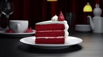 valores foto de Híper realista retrato rojo terciopelo pastel en plato comida fotografía generativo ai
