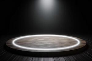 a wooden circular platform podium with white neon light on dark background. photo