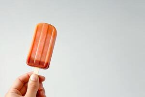 Hand holding popsicle isolated on grey background with copy space. photo