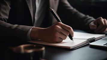 close up of young man writing in notebook while working at office. photo