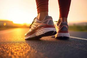 Running for a healthy life. Close up of shoes, running athlete legs running on the road at sunset. photo