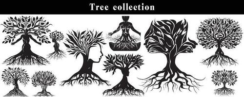 set of silhouettes of trees. black and white tree vector set. tree silhouette set on white background.