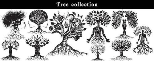 set of silhouettes of trees. black and white tree vector set. tree silhouette set on white background.