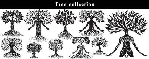 conjunto de siluetas de arboles negro y blanco árbol vector colocar. árbol silueta conjunto en blanco antecedentes.