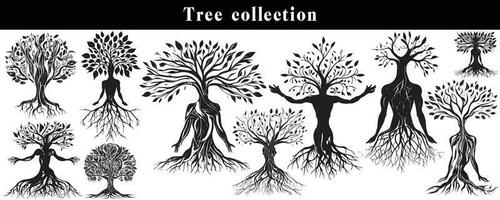 set of silhouettes of trees. black and white tree vector set. tree silhouette set on white background.