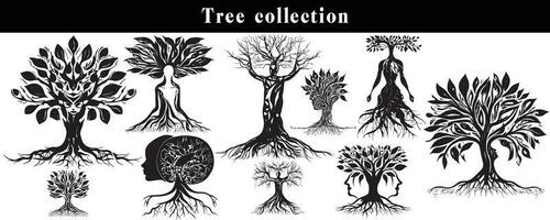 set of silhouettes of trees. black and white tree vector set. tree silhouette set on white background.