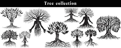 set of silhouettes of trees. black and white tree vector set. tree silhouette set on white background.