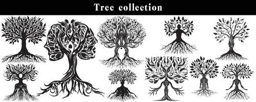 set of silhouettes of trees. black and white tree vector set. tree silhouette set on white background.