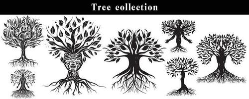 conjunto de siluetas de arboles negro y blanco árbol vector colocar. árbol silueta conjunto en blanco antecedentes.