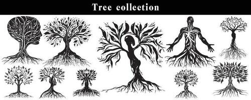 set of silhouettes of trees. black and white tree vector set. tree silhouette set on white background.