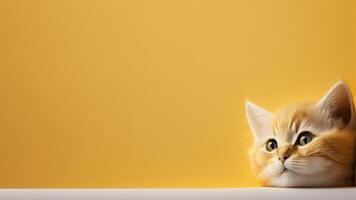 un linda gato mirando terminado un mesa con grande vacío antecedentes ai generado foto