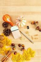 Thanksgiving celebration traditional background concept with greetings and pen. photo