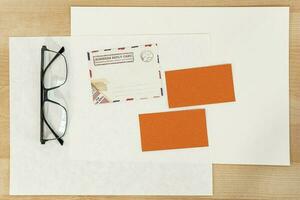 Blank business cards with empty copy space. Flat lay, top view business mock up template. photo