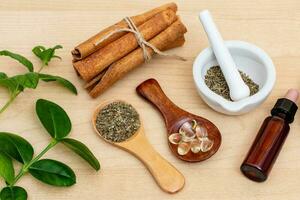 Fresh herbs from the garden and the different types of oils for massage and aromatherapy on table. photo