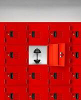 Dumbbells in the red lockers inside the gym photo