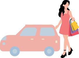 The girl is standing outside the car with bags. vector