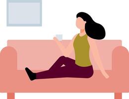 The girl is sitting on the couch drinking tea. vector