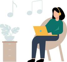 A girl wearing headphones is using her laptop. vector