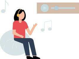 niña vistiendo auriculares sentado en sofá escuchando a música. vector