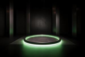 un circular plataforma podio con verde neón ligero en oscuro antecedentes. ai generado foto