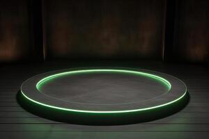 un circular plataforma podio con verde neón ligero en oscuro antecedentes. ai generado foto