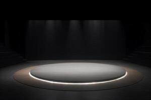 a circular platform podium with white neon light on dark background. AI Generated photo
