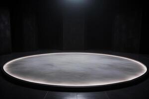 un circular plataforma podio con blanco neón ligero en oscuro antecedentes. ai generado foto