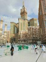 Mecca, Saudi Arabia, June 2023 - A beautiful evening view of the Mecca Clock Tower from the outer courtyard of Masjid Al Haram, Mecca. photo