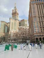 Mecca, Saudi Arabia, June 2023 - A beautiful evening view of the Mecca Clock Tower from the outer courtyard of Masjid Al Haram, Mecca. photo