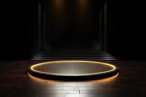 a circular platform podium with golden neon light on dark background. photo