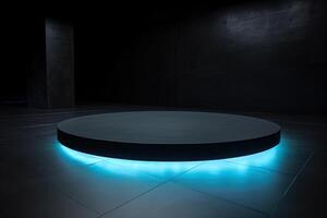 un circular plataforma podio con azul neón ligero en oscuro antecedentes. ai generado foto