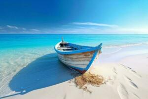 Wooden Boat on White Beach with Blue Skies photo