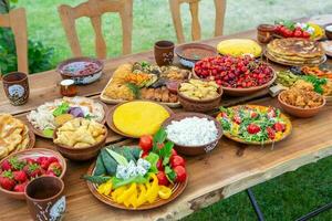 Homemade Romanian Food with grilled meat, polenta and vegetables Platter on camping. Romantic traditional moldavian food outside on the wood table. photo