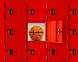 baloncesto en un rojo armario o un abierto gimnasio armario. foto
