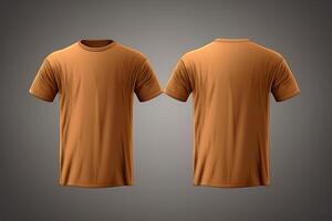 Brown male t-shirt realistic mockup set from front and back view, blank textile print design template for fashion apparel. photo