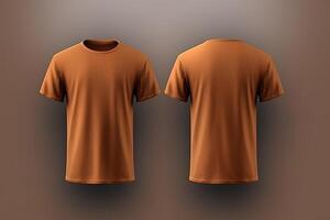 Brown male t-shirt realistic mockup set from front and back view, blank textile print design template for fashion apparel. photo