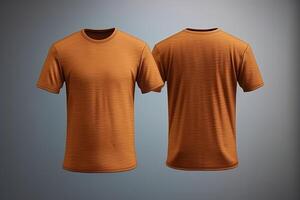 Brown male t-shirt realistic mockup set from front and back view, blank textile print design template for fashion apparel. photo