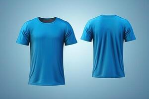 Blue male t-shirt realistic mockup set from front and back view, blank textile print design template for fashion apparel. photo