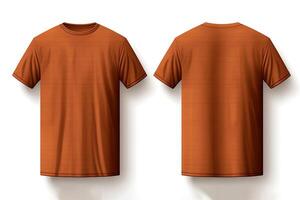 Brown male t-shirt realistic mockup set from front and back view, blank textile print design template for fashion apparel. photo