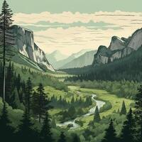 panaromic green view of Yosemite Valley illustration photo