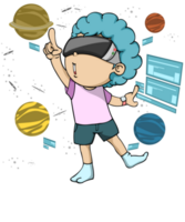 kid in vr glasses headset Virtual reality technology. Children in glasses of virtual reality looking in outer space with planets and stars. Illustration png