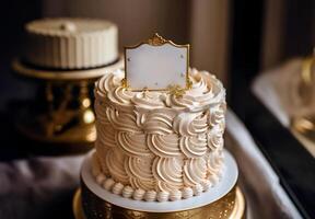image, Close up fancy creamy pastel color cake with beautiful decorated and blank card on top, delicious bakery, greetings, celebrate, Happy birthday, Congratulations, festive photo