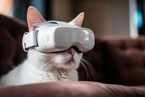 White cat wearing VR headset. portrait of cat in virtual reality glasses. photo