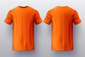 Orange male t-shirt realistic mockup set from front and back view, blank textile print design template for fashion apparel. photo