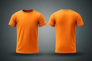 Orange male t-shirt realistic mockup set from front and back view, blank textile print design template for fashion apparel. photo