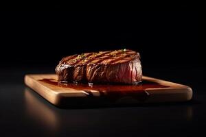 A wooden board of juicy delicious beef steak on a dark background. Meat dish with spices and herbs. photo