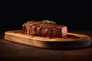 A wooden board of juicy delicious beef steak on a dark background. Meat dish with spices and herbs. photo