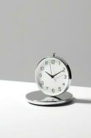 3D Render of Silver Alarm Clock On Gray And White Background. photo