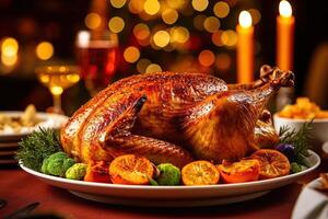 Roast turkey in the foreground on a festive table. photo